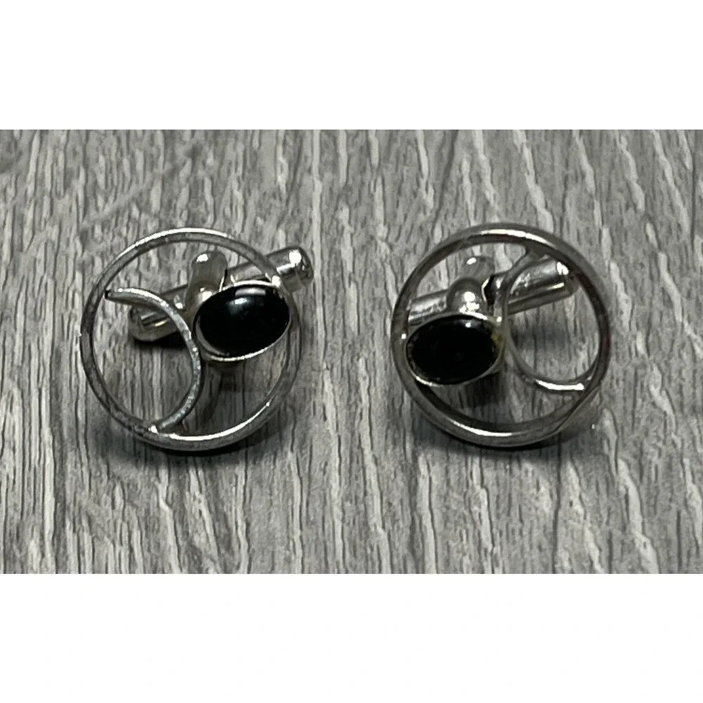 Silver Tone Round Cufflinks Mens‎ Black Cabochon Stone Modernist Design Pair